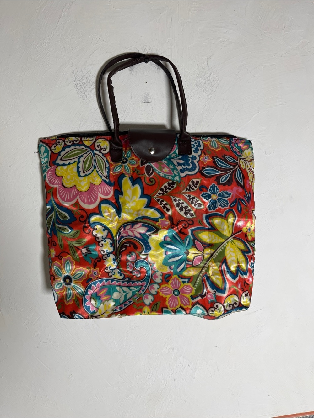 Collapsible Reusable Travel Shopping Tote Zippered Bag Faux Leather Trim